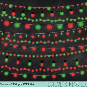 Puede incluir: Luces de cadena festivas en rojo y verde sobre un fondo oscuro. La imagen presenta varias hebras de luces, incluyendo bombillas redondas, formas de estrella y luces en forma de lágrima. El texto "FESTIVE STRING LIGHTS" está en la parte inferior.