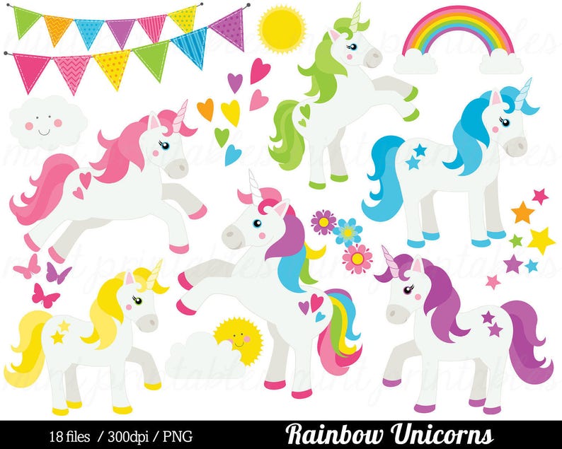 May include: A set of 18 digital clipart images featuring rainbow unicorns, stars, clouds, hearts, and a rainbow. The unicorns are white with colorful manes and tails. The images are perfect for crafting projects, scrapbooking, and digital design.