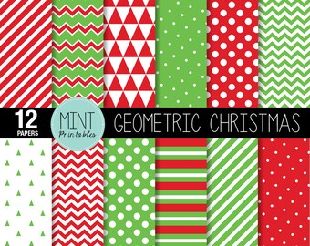 Christmas Scrapbooking Paper, Christmas Digital Paper, Red Green Patterned, Printable Sheets stripes chevron background - BUY 2 GET 1 FREE!