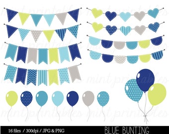 Bunting Clipart, Birthday Clipart, Bunting Clip Art, Boy Birthday, Balloons, Party invitation - Commercial & Personal - BUY 2 GET 1 FREE!