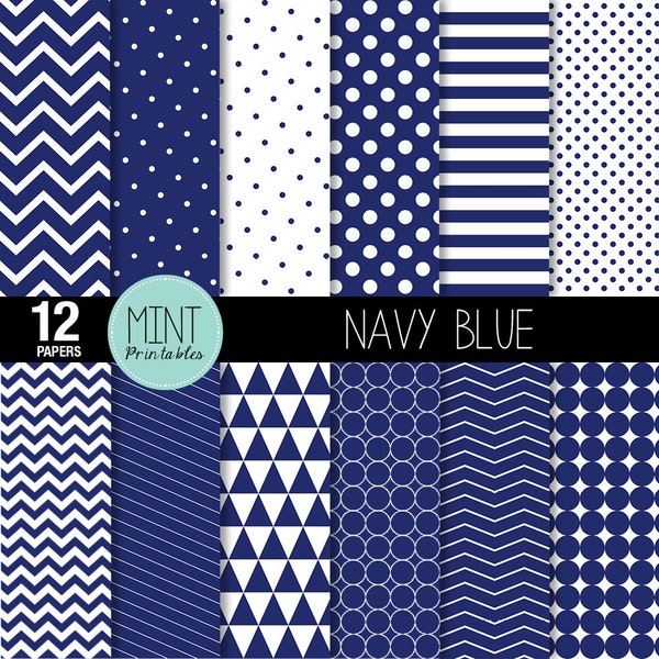 Bleu marine et blanc, papier Scrapbooking, papier numérique, papier à motifs, imprimable feuilles bleu à petits pois chevron fond - BUY 2 GET 1 FREE !