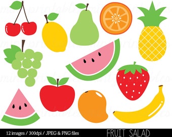 Fruit Clipart Clip Art, Fruit Salad, Watermelon, Pineapple, Apple, Pear, Cherry, Food Clipart - Commercial & Personal - BUY 2 GET 1 FREE!