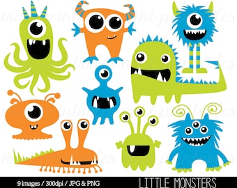 Monster Clipart, Monsters Clip Art, Birthday Clipart, Cute Monster Party, Blue Green Orange - Commercial & Personal - BUY 2 GET 1 FREE!