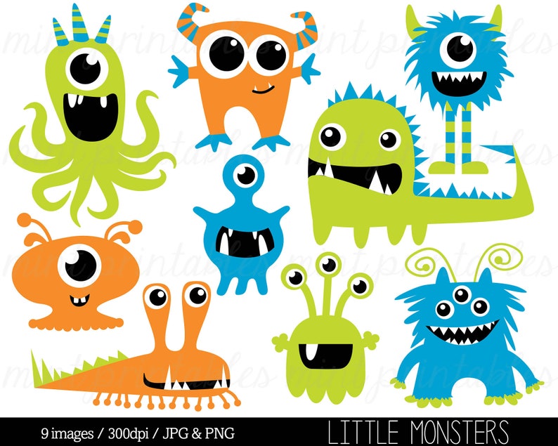 Monster Clipart, Monsters Clip Art, Birthday Clipart, Cute Monster Party, Blue Green Orange Commercial & Personal BUY 2 GET 1 FREE image 1