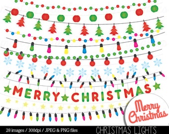 Christmas Lights Clipart String Lights Fairy Lights Clip Art Colored Festive Holiday Merry Xmas - Personal & Commercial - BUY 2 GET 1 FREE!