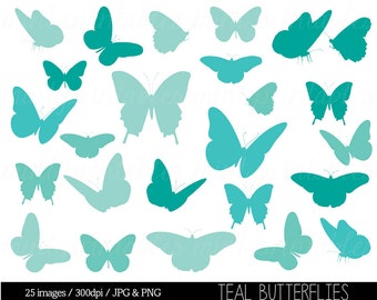 Butterfly Clipart, Teal Green Butterfly Clip Art, Mint Butterfly Silhouettes Clipart - Commercial & Personal - BUY 2 GET 1 FREE!