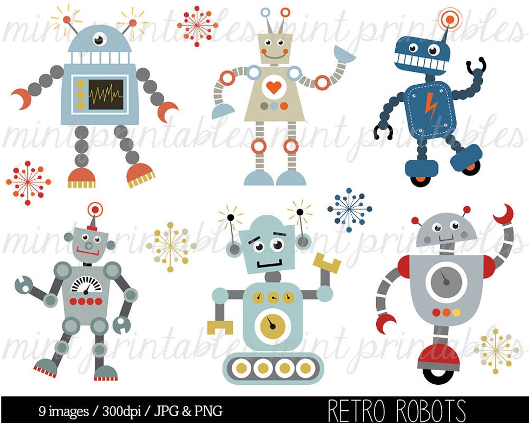 Retro Robot Clipart, Robot Clipart, Birthday Clipart, Robots Clipart ...