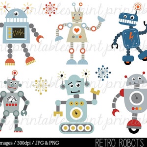 Retro Robot Clipart, Robot Clipart, Birthday Clipart, Robots Clipart, Robot Party, Invitation - Commercial & Personal - BUY 2 GET 1 FREE!