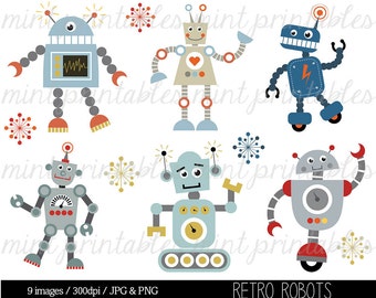 Retro Robot Clipart, Robot Clipart, Birthday Clipart, Robots Clipart, Robot Party, Invitation - Commercial & Personal - BUY 2 GET 1 FREE!