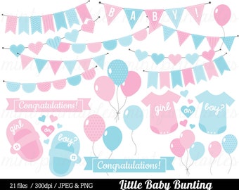 Baby Shower Clipart, Girl Boy Gender Reveal, Blue Pink Bunting baby Clipart, Baby Clip Art - Commercial & personal - BUY 2 GET 1 FREE!