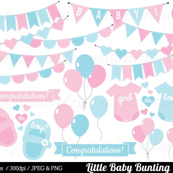 Baby Shower Clipart, Girl Boy Gender Reveal, Blue Pink Bunting baby Clipart, Baby Clip Art - Commercial & personal - BUY 2 GET 1 FREE!