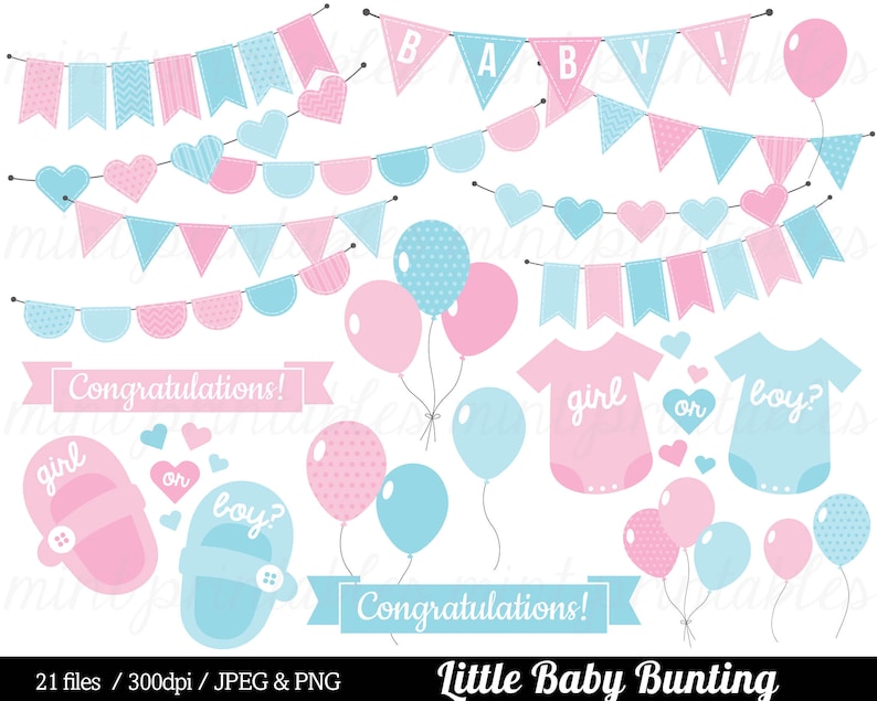 K&ouml;nnte beinhalten: Eine Sammlung von Baby-Grafiken in Rosa und Blau, darunter Wimpelketten, Herzen, Ballons, Babykleidung und Babyschuhe. Das Bild enth&auml;lt den Text "Herzlichen Gl&uuml;ckwunsch!" und "M&auml;dchen oder Junge?" in einer verspielten Schriftart.