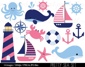 Nautical Clipart Clip Art, Anchor Clipart, Blue Pink Whale Sailing Ocean Lighthouse Sailboat - Commercial & Personal - BUY 2 GET 1 FREE!