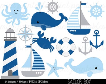 Nautical Clipart Clip Art, Anchor Clipart, Whale Clipart, Sailing Boat Baby Boy Blue grey - Commercial & Personal - BUY 2 GET 1 FREE!