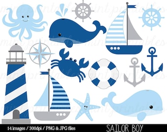 Nautical Clipart Clip Art, Anchor Clipart, Whale Clipart, Sailing Boat Baby Boy Blue grey - Commercial & Personal - BUY 2 GET 1 FREE!