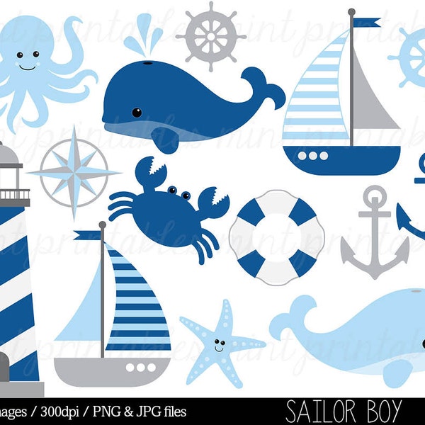 Nautical Clipart Clip Art, Anchor Clipart, Whale Clipart, Sailing Boat Baby Boy Blue grey - Commercial & Personal - BUY 2 GET 1 FREE!