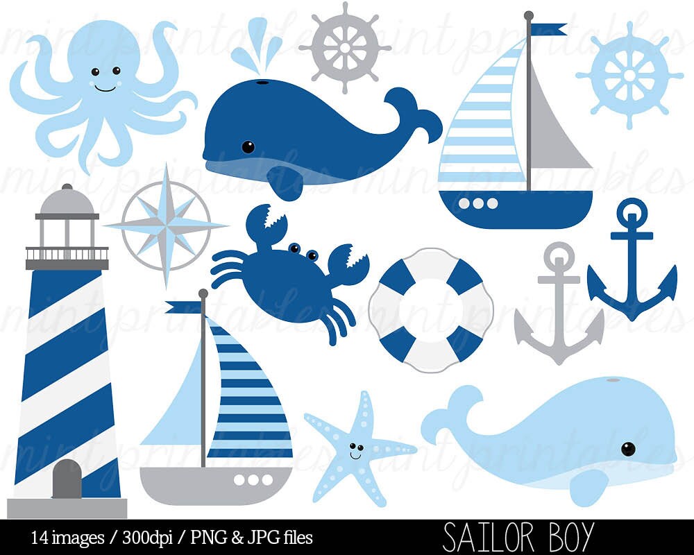 Nautical Clipart Clip Art, Anchor Clipart, Whale Clipart, Sailing Boat Baby  Boy Blue grey - Commercial &amp; Personal - BUY 2 GET 1 FREE!