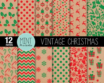 Christmas Scrapbooking Paper, Christmas Digital Paper, Kraft Paper Patterned, Printable Sheets background stamped red - BUY 2 GET 1 FREE!