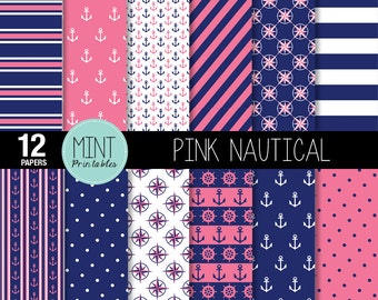 Nautical Digital Paper, Pink and Navy Scrapbooking Paper, Anchor, Patterned Paper, Printable Sheets, Sailing background - BUY 2 GET 1 FREE!