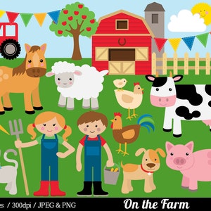 Peut inclure: Une illustration colorée d'une scène de ferme avec une grange rouge, un cheval, une vache, un mouton, un cochon, un chien, un chat, un coq, une poule et deux enfants. Le texte "On the Farm" est en bas de l'image.