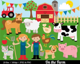 Boerderij dieren Clipart-, erf-illustraties, schuur boer paard koe varken schapen haan kip trekker - Commercial & Personal - BUY 2 GET 1 GRATIS!