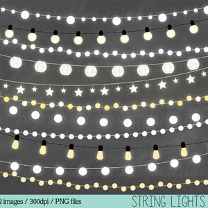 May include: Set of 22 digital illustrations of white string lights with different shapes of bulbs, including round, star, and lantern shapes. The lights are on a black background.