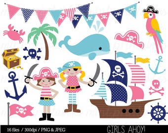 Pirate Clipart, Girl Pirates Clip Art, Whale, Anchor, Pirate Ship, Pink Navy, Girls Party - Commercial & Personal - BUY 2 GET 1 FREE!