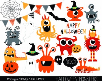 Halloween Clipart, Halloween Monster Clip Art, Monster Pumpkin Witch Hat Spooky Ghost - Commercial & Personal - BUY 2 GET 1 FREE!