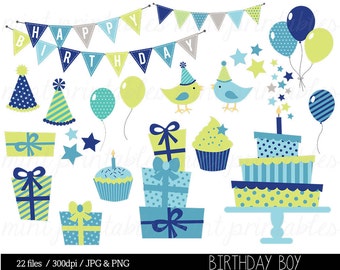 Boy Birthday Clipart, Blue Birthday Digital Clip Art, Bunting Clipart, Fiesta de cumpleaños, Pastel - Comercial y Personal - COMPRAR 2 OBTENER 1 GRATIS!