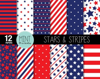 Digital Paper, Stars and Stripes Scrapbooking Papers, Patriotic Patterned Paper, Printable Sheets, Red White Blue - BUY 2 GET 1 FREE!