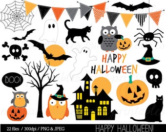 Halloween Clipart, Haloween Owl Clip Art, Bunting Spider Pumpkin Witch Haunted Ghost Spooky Bat - Commercial & Personal - BUY 2 GET 1 FREE!
