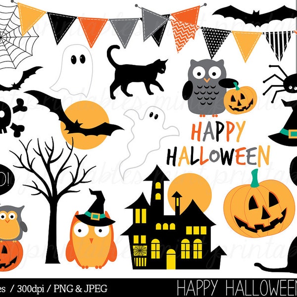 Halloween Clipart, Haloween Owl Clip Art, Bunting Spider Pumpkin Witch Haunted Ghost Spooky Bat - Commercial & Personal - BUY 2 GET 1 FREE!