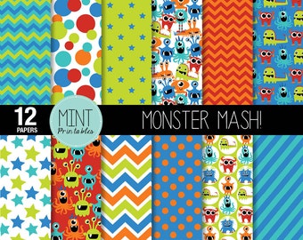 Monster Digital paper, Monsters Scrapbooking Paper, Party Alien Patterned Paper, Printable Sheets Monster background - BUY 2 GET 1 FREE!