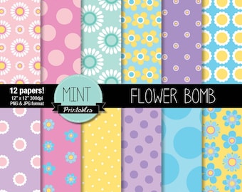 Floral Digital Paper, Spring Flower Printable Sheets, Pattern Background, Daisy, Flowers, polka dots, Easter - BUY 2, GET 1 FREE!
