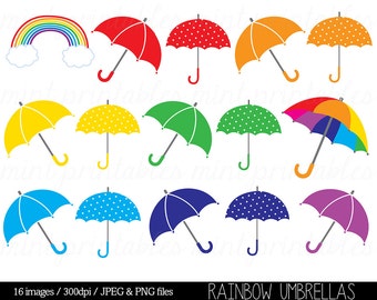 Paraguas Clipart Clip Art, Paraguas Arco Iris, Colores Brillantes Rojo Azul Amarillo Polka Dot - Comercial y Personal - COMPRAR 2 OBTENER 1 GRATIS!