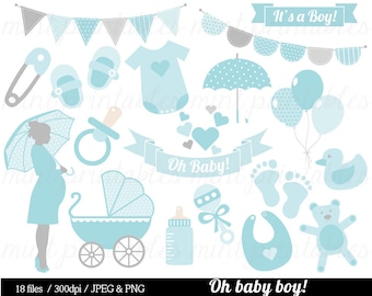 Baby Boy Shower Clipart, Baby Clipart, Baby Clip Art, Umbrella, Blue, stroller, onesie, bunting - Commercial & personal - BUY 2 GET 1 FREE!
