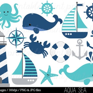 Nautical Clipart Clip Art, Anchor Clipart, Whale Clipart, Sailing Boat Baby Boy Blue grey - Commercial & Personal - BUY 2 GET 1 FREE!