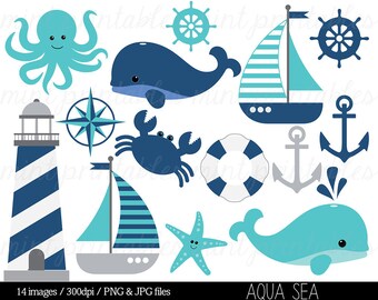 Nautical Clipart Clip Art, Anchor Clipart, Whale Clipart, Sailing Boat Baby Boy Blue grey - Commercial & Personal - BUY 2 GET 1 FREE!