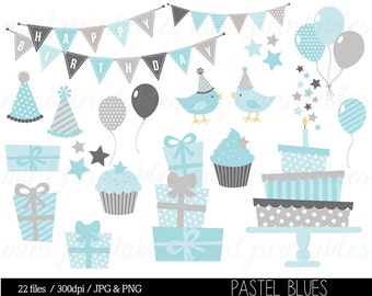 Boy Birthday Clipart, Blue Grey Birthday Digital Clip Art, Bunting Clipart, Birthday Party, Cake - Commercial & Personal - BUY 2 GET 1 FREE!