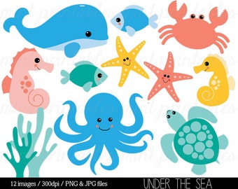 Sea Animal Clipart, Under the Sea, Baby Sea Creatures Clip Art, Animal Clipart Whale Ocean Crab - Commercial & Personal - BUY 2 GET 1 FREE!