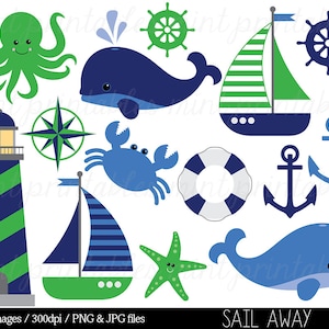 Nautical Clipart Clip Art, Anchor Clipart, Whale Clipart, Sailing Ocean Lighthouse Sailboat Sea - Commercial & Personal - BUY 2 GET 1 FREE!
