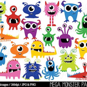 Monster Clipart, Monsters Clip Art, Birthday Clipart, Monster Party, Cute Monsters, Blue Red - Commercial & Personal - BUY 2 GET 1 FREE!