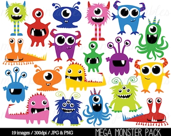 Monster Clipart, Monsters Clip Art, Birthday Clipart, Monster Party, Cute Monsters, Blue Red - Commercial & Personal - BUY 2 GET 1 FREE!