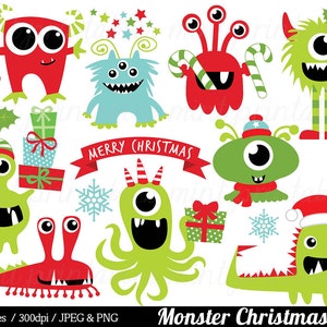 Christmas Monster Clipart, Monsters Clip Art, Holiday Monster Clipart, Santa Hat, Cute Monsters - Commercial & Personal - BUY 2 GET 1 FREE!