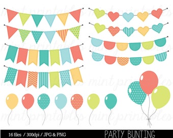 Bunting Clipart Clip Art, Birthday Clipart, Balloon Clipart, Birthday Invitation, Party - Commercial & Personal - BUY 2 GET 1 FREE!