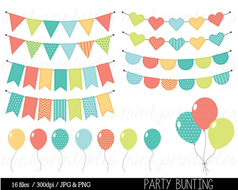 Bunting Clipart Clip Art, Birthday Clipart, Balloon Clipart, Birthday Invitation, Party Commercial & Personal BUY 2 GET 1 FREE image 1
