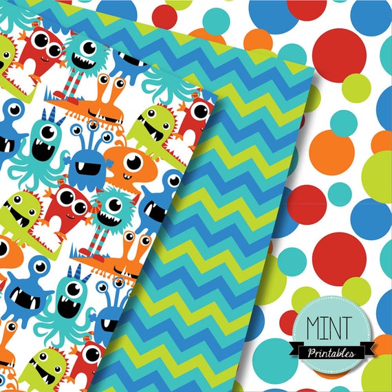 monster digital paper monsters scrapbooking paper party etsy