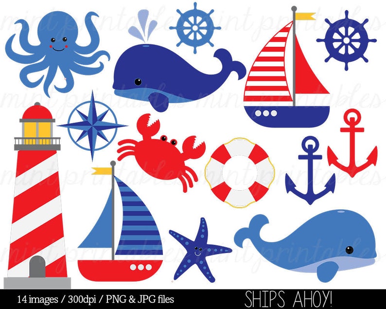 May include: A set of nautical themed clipart images, including a red and white striped lighthouse, a blue and white sailboat, a red and white life preserver, a blue and white whale, a red crab, a blue octopus, a blue and white compass, a blue and white steering wheel, a red and white sailboat, a red anchor, a blue anchor, and a blue starfish. The text "SHIPS AHOY!" is at the bottom of the image.