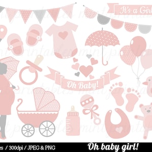 Baby meisje douche Clipart, Baby Clipart, Baby Clip Art, paraplu, roze, wandelwagen, onesie, bunting - commerciële & persoonlijke - BUY 2 GET 1 FREE!