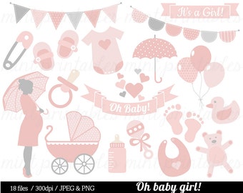 Baby-Mädchen Dusche Clipart, Baby Clipart, Baby-Clip-Art, Regenschirm, rosa, Kinderwagen, Strampler, Wimpel - kommerziellen und persönlichen - BUY 2 GET 1 FREE!